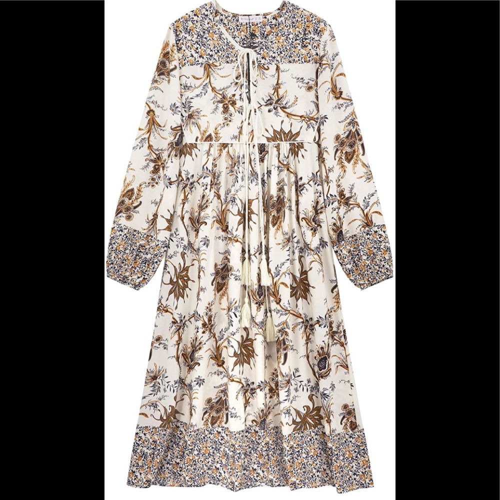 NWOT R.Vivimos Floral Print Retro V Neck Tassel Bohemian Midi Dresses, Sz S